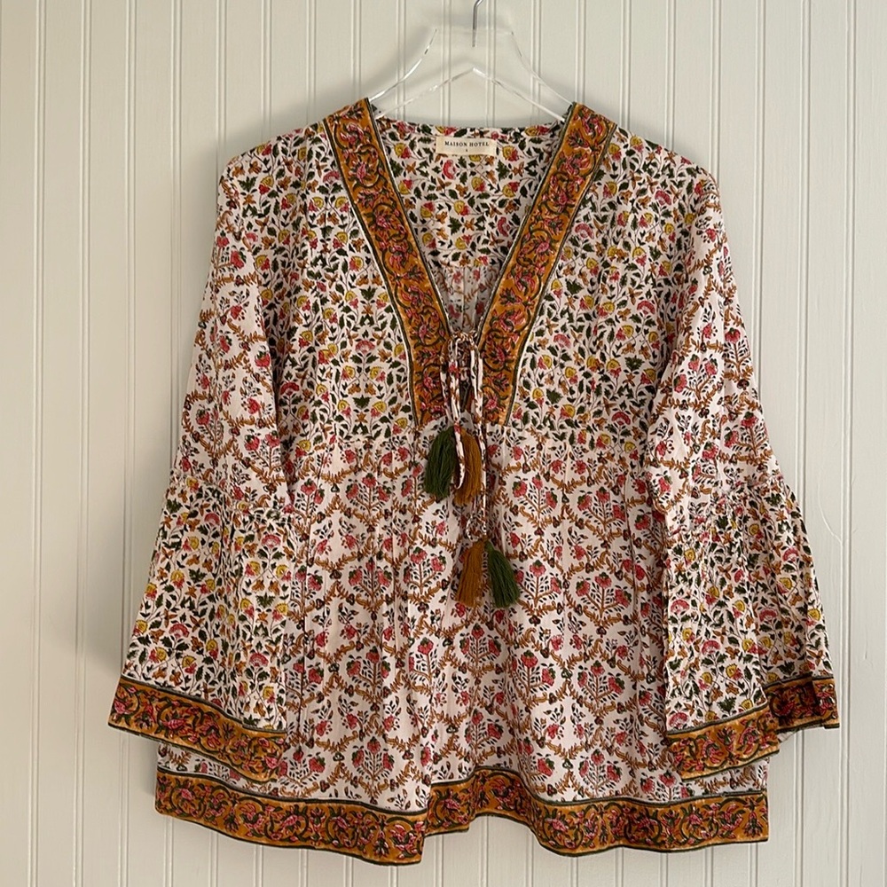 Printed Tassel Boho Peasant Top - White with Multicolor Floral